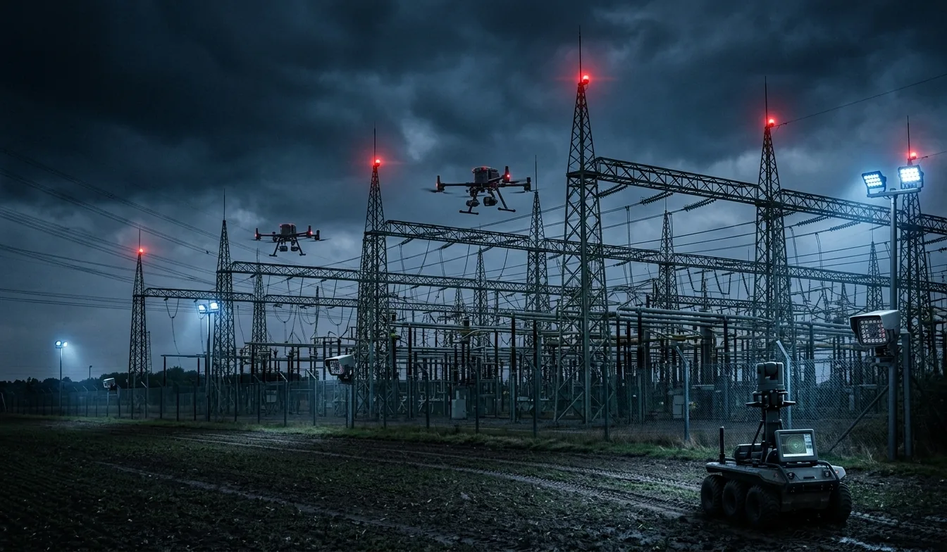 Umspannwerk bei Nacht, überwacht von Drohnen und einem Boden-Roboter