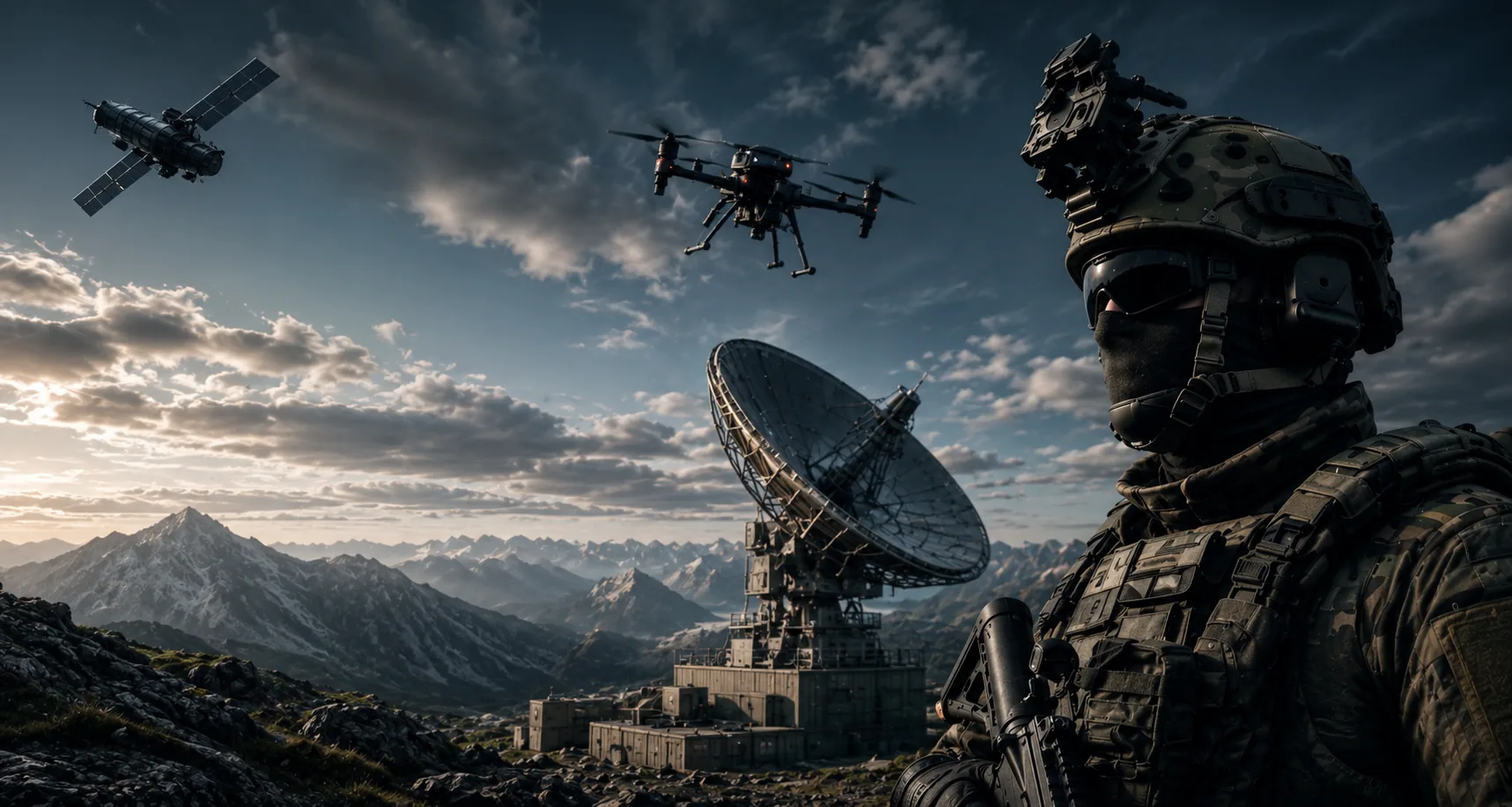 Soldat vor Satellitenschüssel im Gebirge, Drohne und Satellit am Himmel