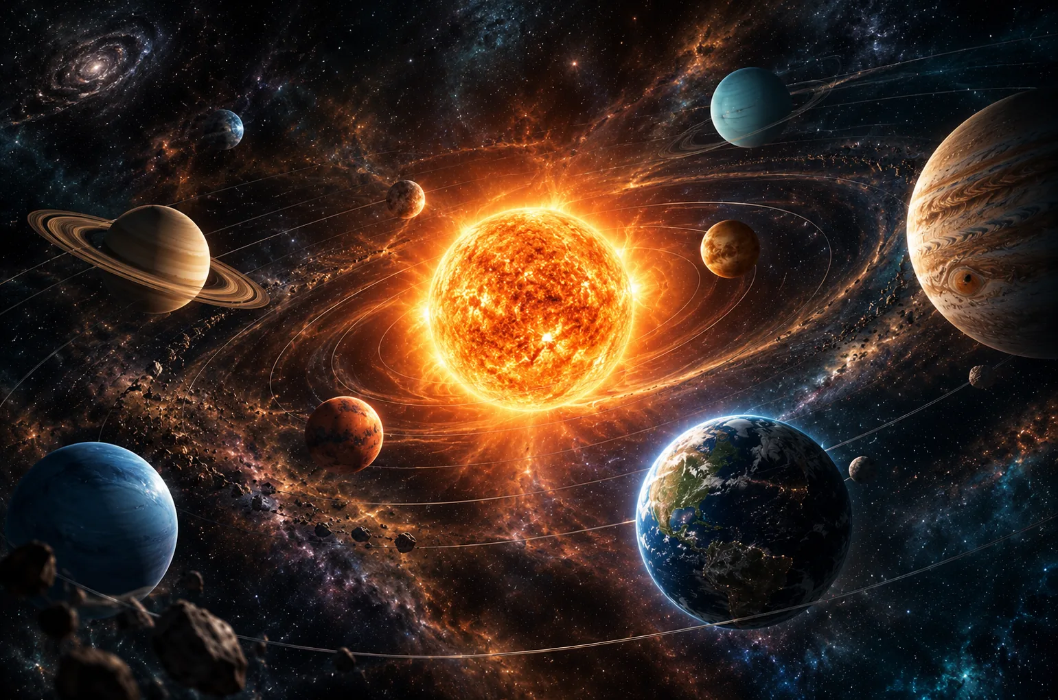 Sonnensystem mit Planeten auf ihren Bahnen
