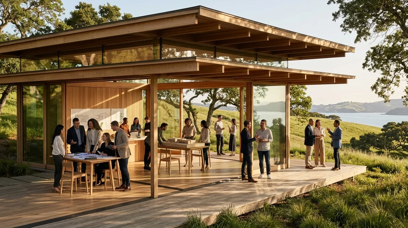 Offener Holzpavillon in grüner Landschaft, Menschen im Austausch an Arbeitstischen